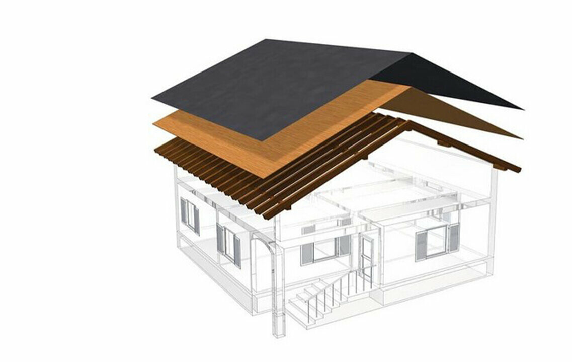 Rappresentazione tecnica PREFA della struttura di un tetto con copertura monostrato: il sottotetto non è abitabile perché serve come piano di ventilazione per la copertura metallica; tavolato completo e strato di separazione senza listello; tetto non ventilato