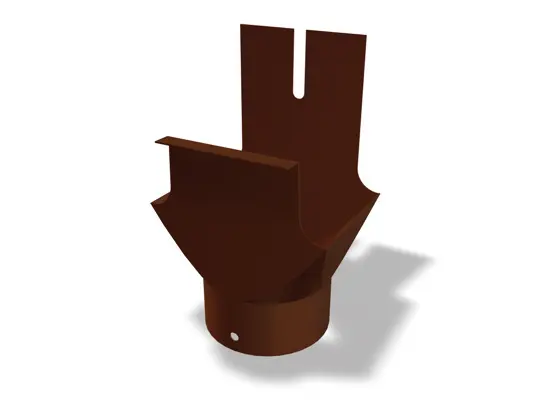 L'immagine mostra una bocchetta per canali quadri PREFA marrone in alluminio di alta qualità. La bocchetta funge da raccordo tra il canale quadro e il tubo di scarico e garantisce un efficiente deflusso dell'acqua piovana. È disponibile in diverse dimensioni: 250 × Ø 80, 333 × Ø 100, 400 × Ø 120, 500 × Ø 120 e 500 × Ø 150.