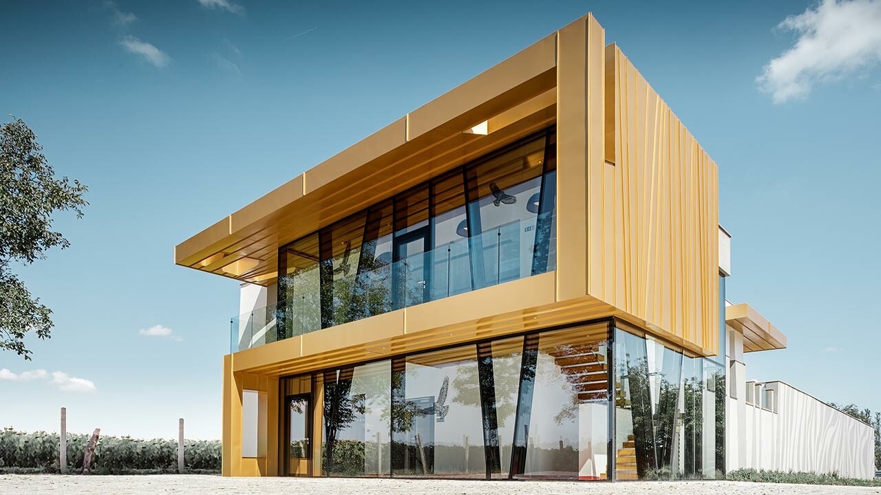 Vigneto Rúbaň di nuova costruzione con grandi superfici in vetro e una facciata in alluminio in mayagold