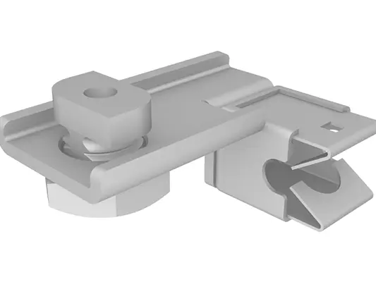 Morsetto parafulmine PREFA per tubi pluviali quadri con clip in acciaio inox integrata come supporto per cavi, incl. staffa di fissaggio. Questo morsetto serve per il fissaggio sicuro di cavi con diametro Ø 8–12 mm e garantisce un montaggio affidabile.