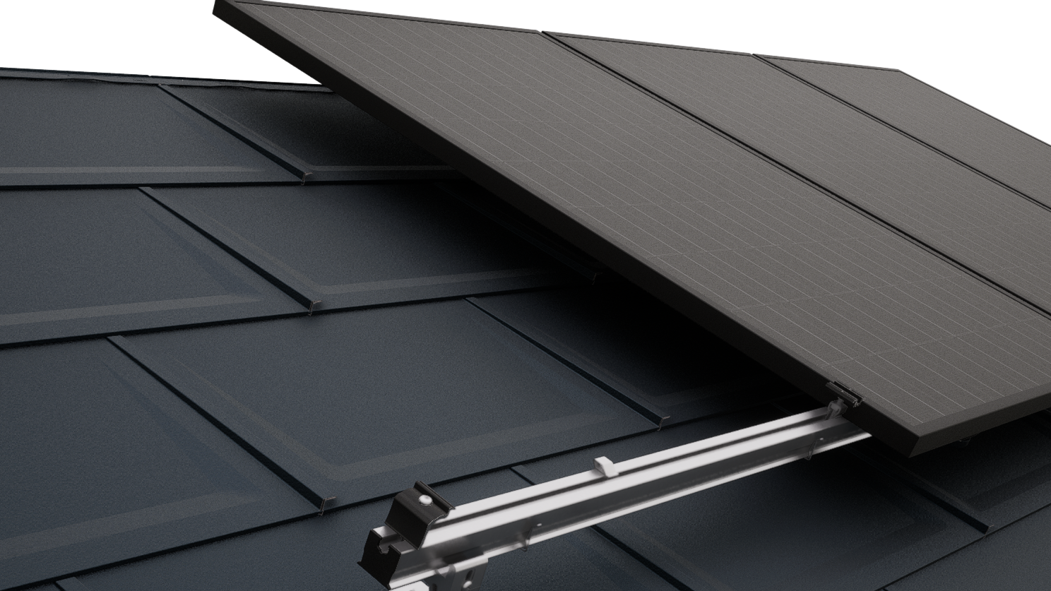 Nahaufnahme eines PREFA Daches mit PV-Modulen, welche mit dem PREVARIO Solarmontagesystem befestigt wurden.