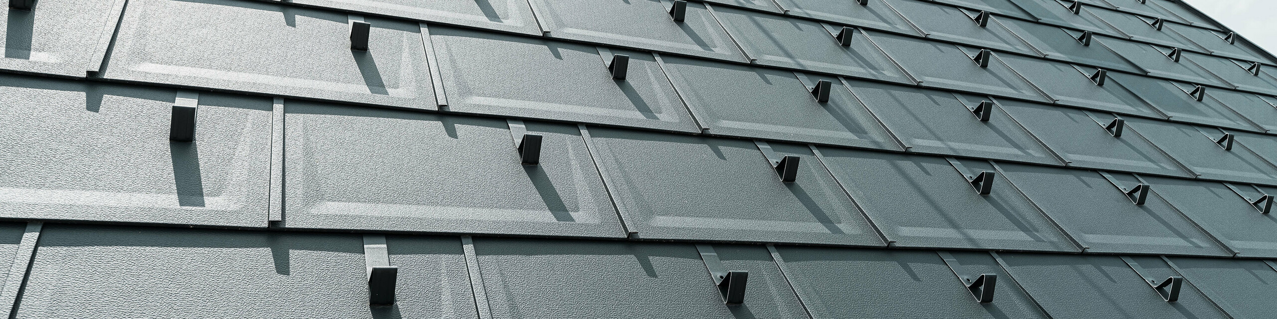 Detailaufnahme der PREFA Dachplatte R.16 in der Farbe P.10 Anthrazit. Am Dach sind PREFA Schneestopper und ein Rauchfang zu sehen.