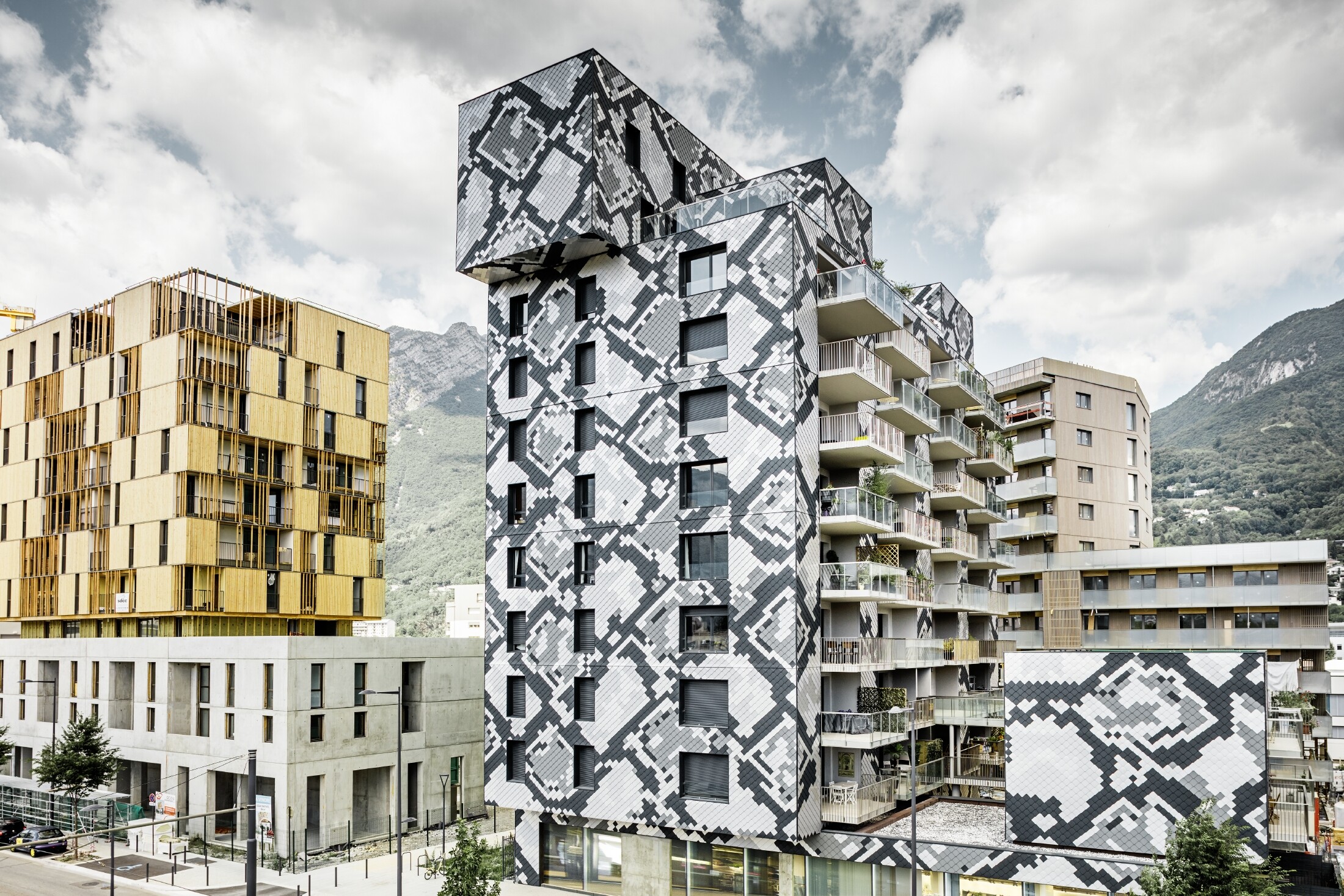 Impressionante realizzazione della facciata dell'edificio residenziale "le Python" con motivo a serpente; la facciata è stata realizzata con scaglie PREFA nei colori antracite, grigio chiaro, grezzo naturale e silver metallizzato.