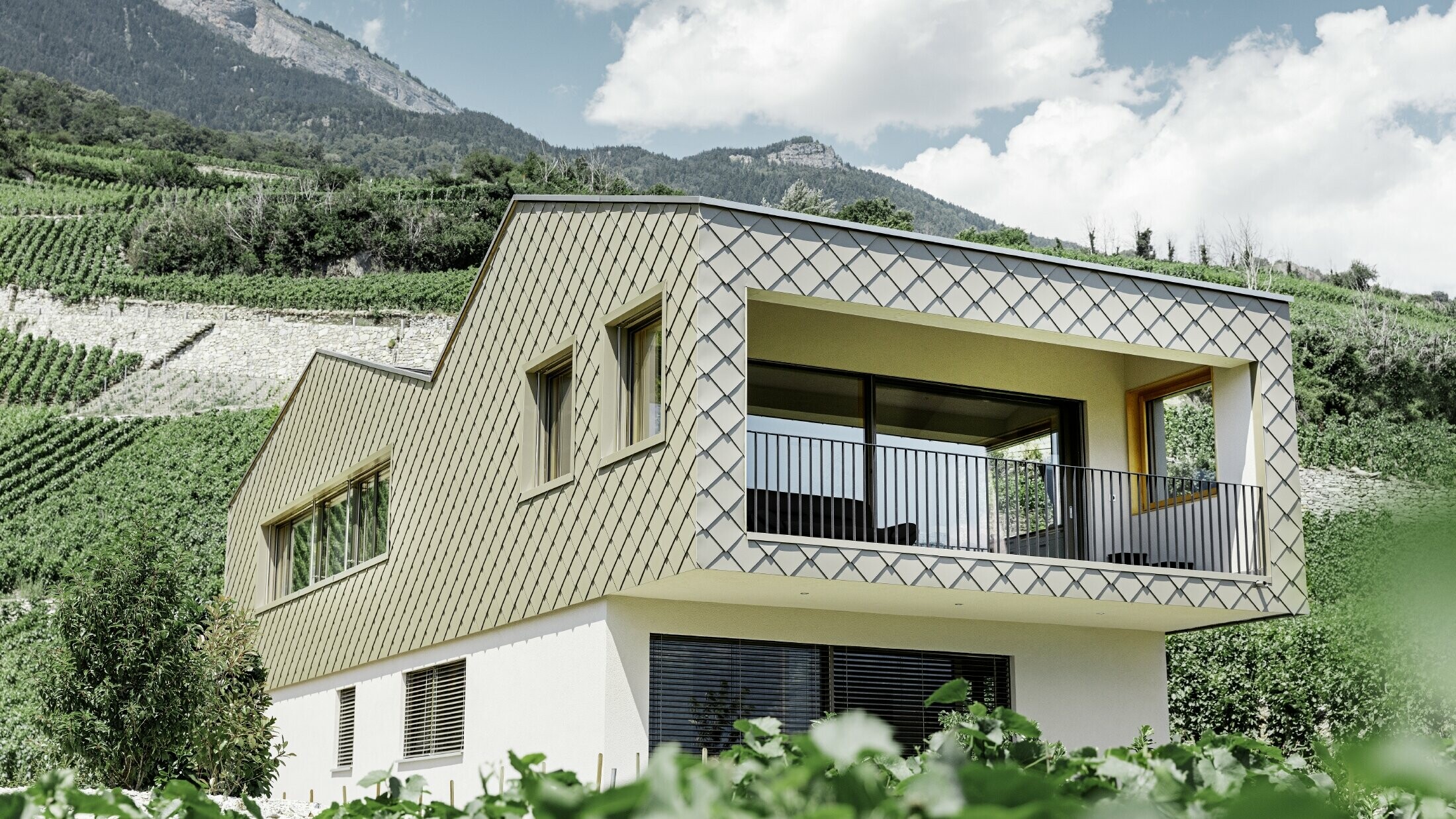 Casa unifamiliare moderna in mezzo ai vigneti della valle Rhône con 4 superfici di copertura differenti e un attico con una facciata in scaglia in bronzo