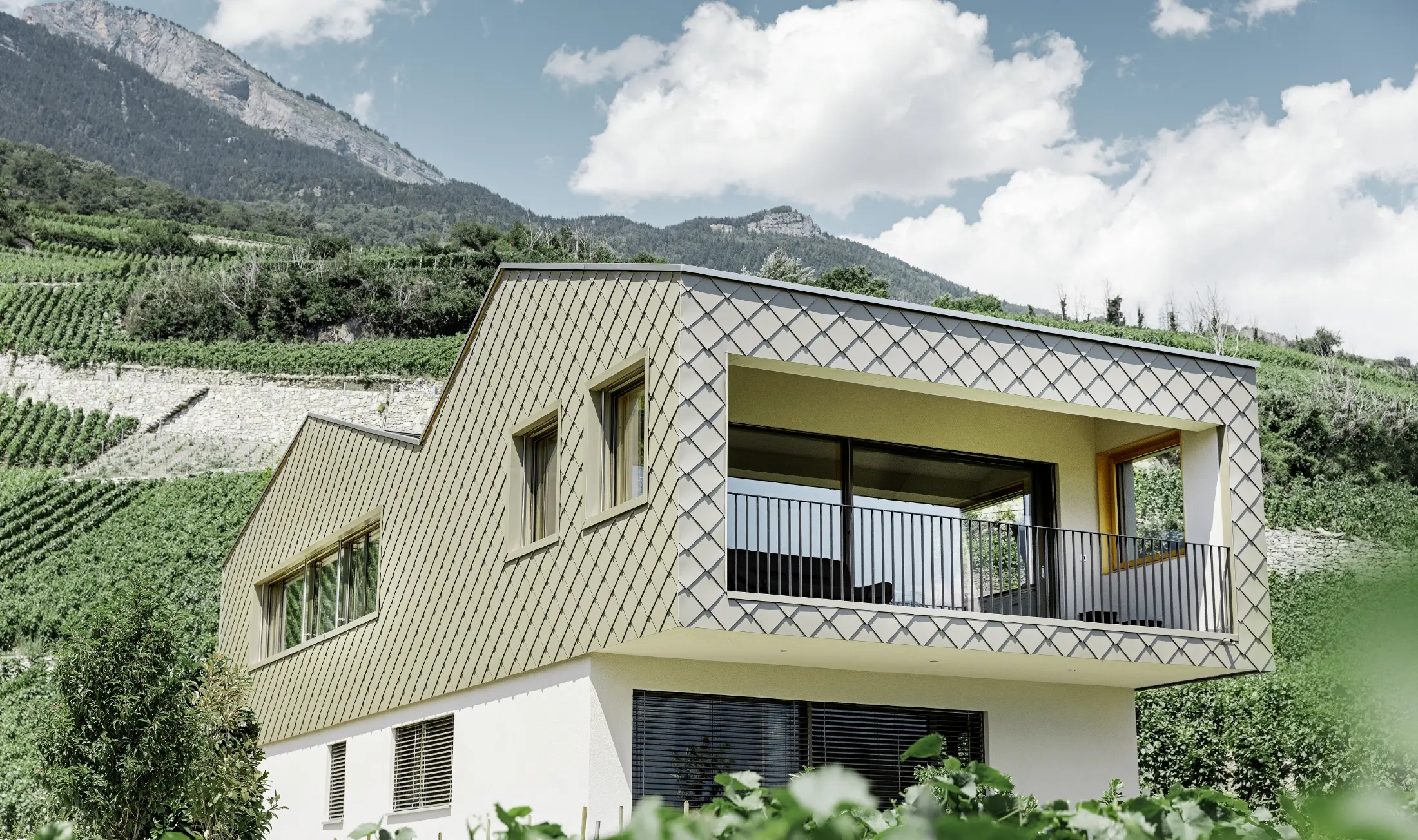 Casa unifamiliare moderna in mezzo ai vigneti della valle Rhône con 4 superfici di copertura differenti e un attico con una facciata in scaglia in bronzo
