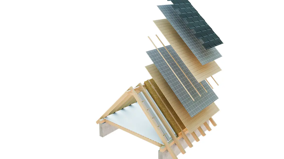 Rappresentazione tecnica della struttura di un tetto ventilato, struttura del tetto multistrato con listelli, tavolato completo, strato di separazione, orditura; il sottotetto può essere utilizzato come spazio abitabile; struttura di copertura a due strati; costruzione del tetto ventilata; controlistello