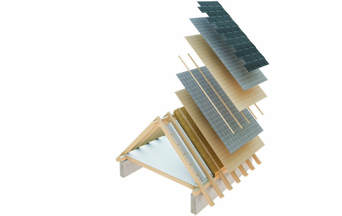 Rappresentazione tecnica della struttura di un tetto ventilato, struttura del tetto multistrato con listelli, tavolato completo, strato di separazione, orditura; il sottotetto può essere utilizzato come spazio abitabile; struttura di copertura a due strati; costruzione del tetto ventilata; controlistello