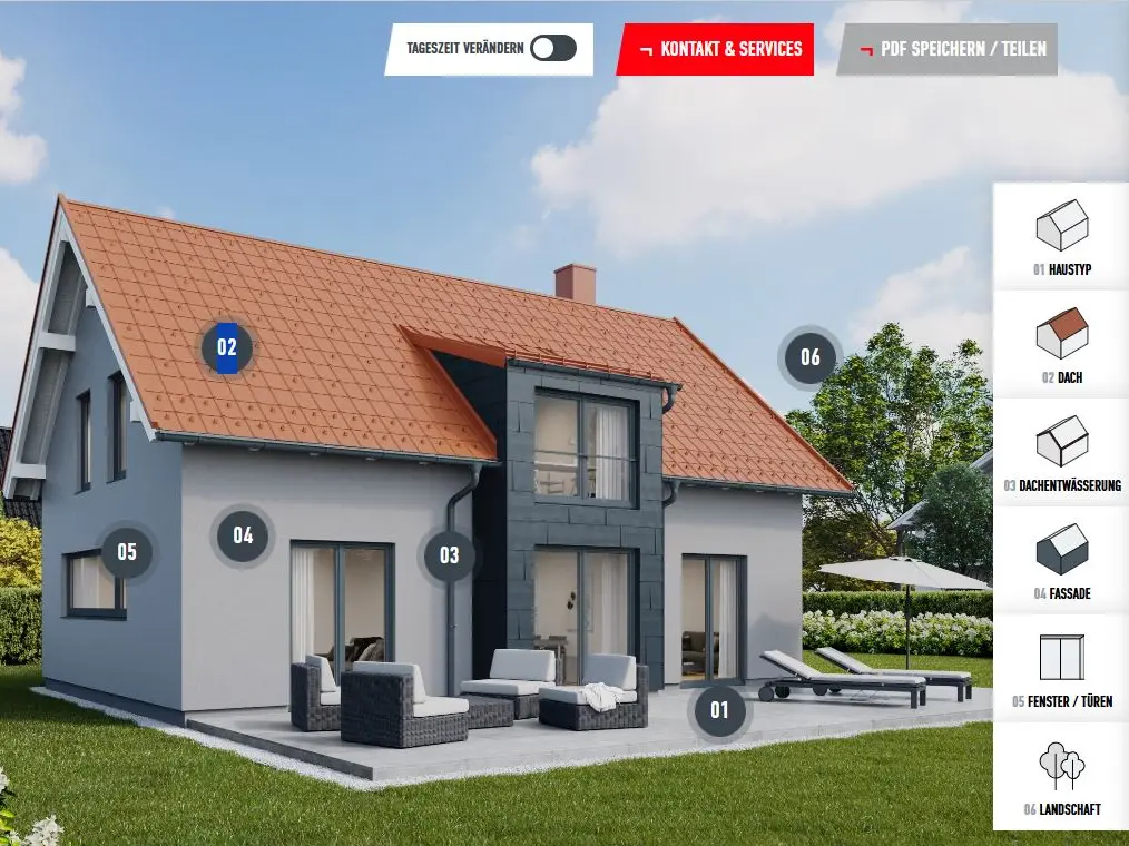 Fassadenkonfigurator zur Fassadensanierung: Interaktive Hausansicht mit auswählbaren Fassaden-, Dach- und Fensteroptionen zur individuellen Gestaltung und Planung der neuen Fassade.
