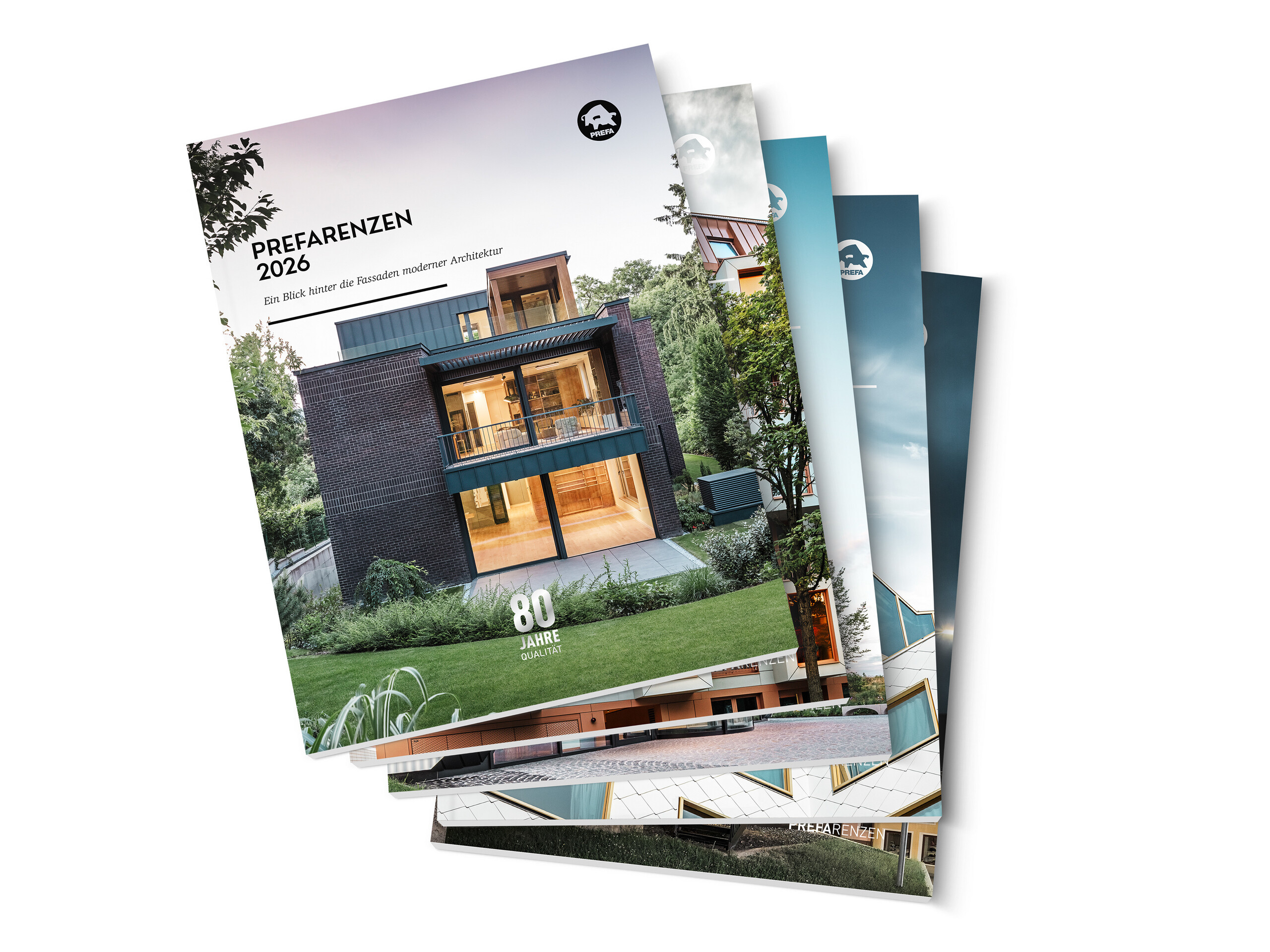 Auf dem Bild sind die PREFARENZEN mit beeindruckenden Beispielen für moderne Architektur mit dem Baustoff Aluminium, vor weißem Hintergrund, zu sehen. 