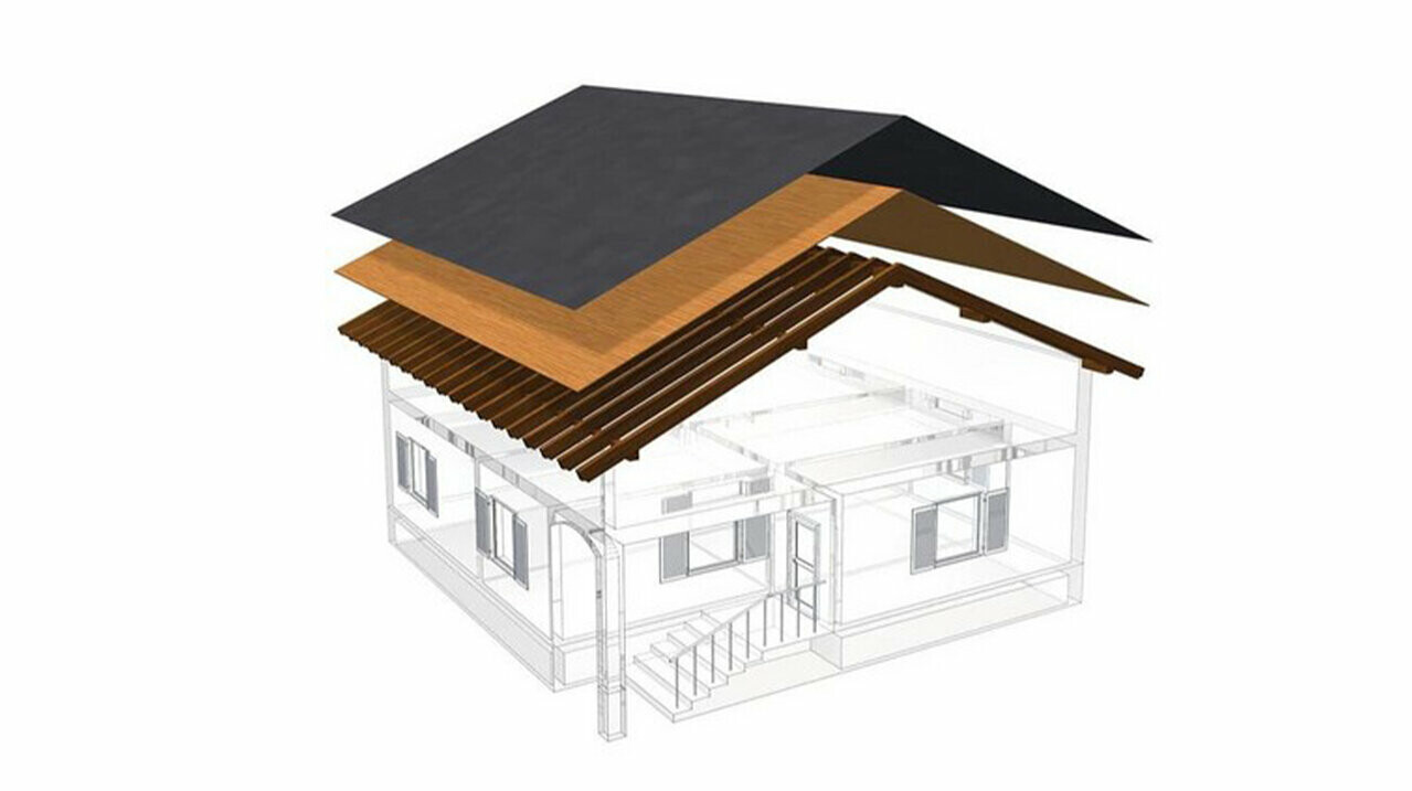 Rappresentazione tecnica PREFA della struttura di un tetto con copertura monostrato: il sottotetto non è abitabile perché serve come piano di ventilazione per la copertura metallica; tavolato completo e strato di separazione senza listello; tetto non ventilato