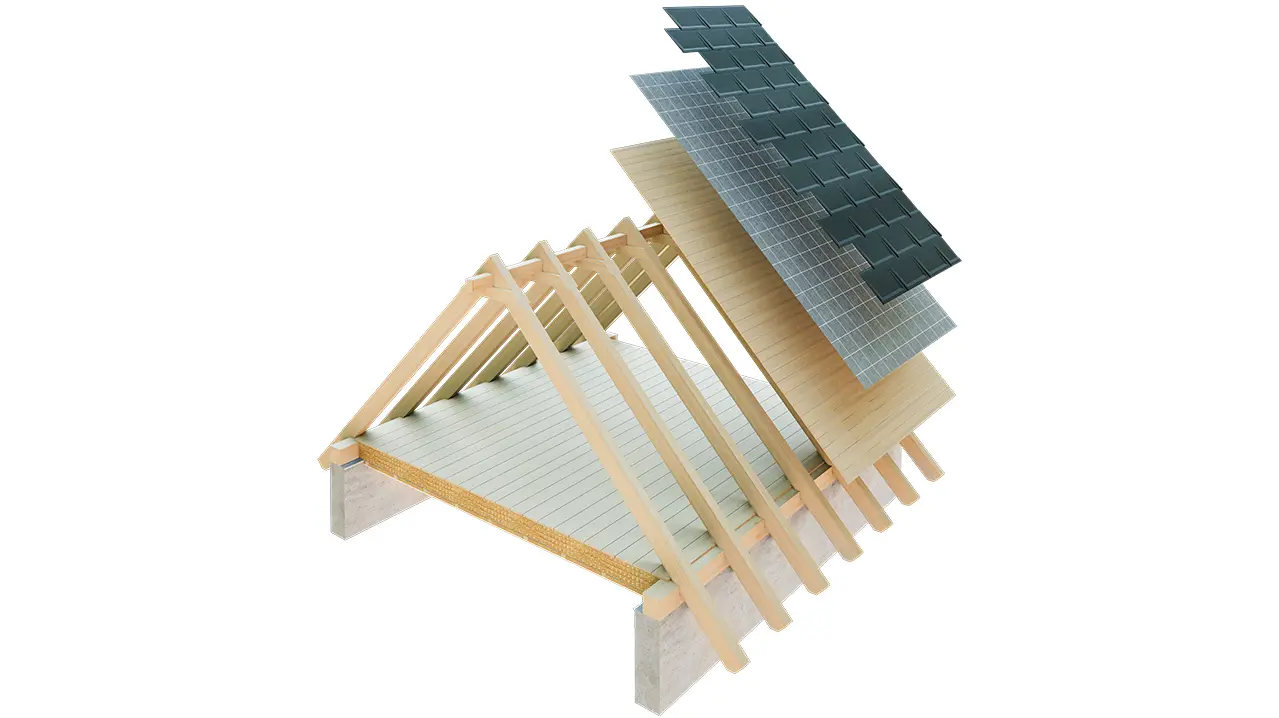 Rappresentazione tecnica PREFA della struttura di un tetto con copertura monostrato: il sottotetto non è abitabile perché serve come piano di ventilazione per la copertura metallica; tavolato completo e strato di separazione senza listello; tetto non ventilato