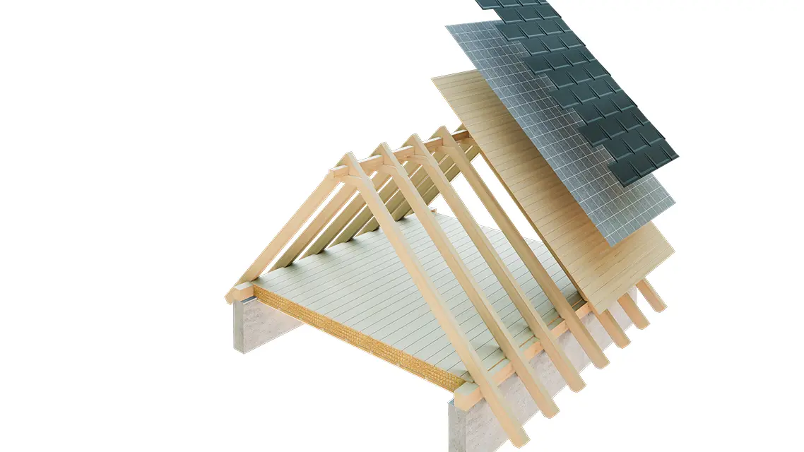 Rappresentazione tecnica PREFA della struttura di un tetto con copertura monostrato: il sottotetto non è abitabile perché serve come piano di ventilazione per la copertura metallica; tavolato completo e strato di separazione senza listello; tetto non ventilato