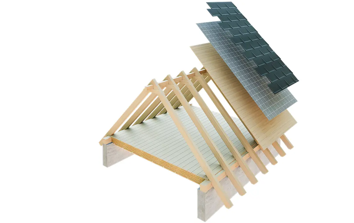 Rappresentazione tecnica PREFA della struttura di un tetto con copertura monostrato: il sottotetto non è abitabile perché serve come piano di ventilazione per la copertura metallica; tavolato completo e strato di separazione senza listello; tetto non ventilato