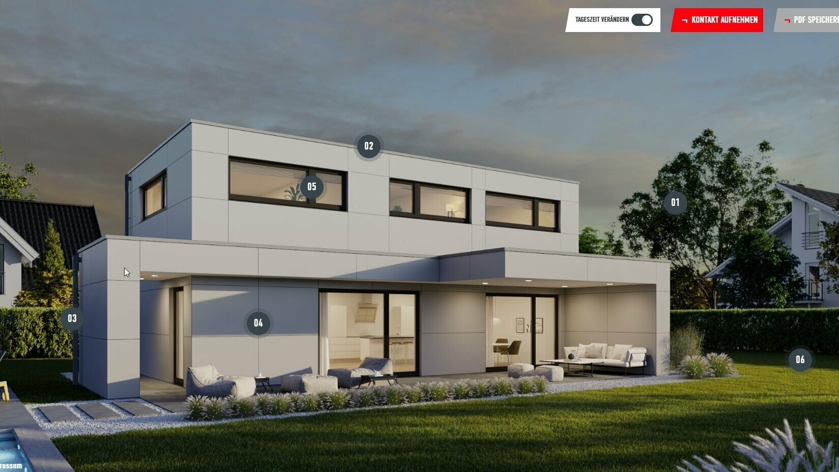 Esempio di configurazione di una casa unifamiliare al tramonto con tetto piano in P.10 grigio zinco. La facciata è rivestita con Prefabond in P.10 bianco PREFA