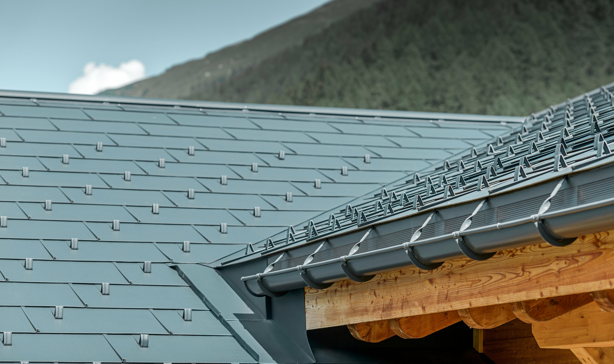 Immagine dettagliata della superficie del tetto di recente ristrutturazione con il pannello per tetto FX.12 PREFA in antracite