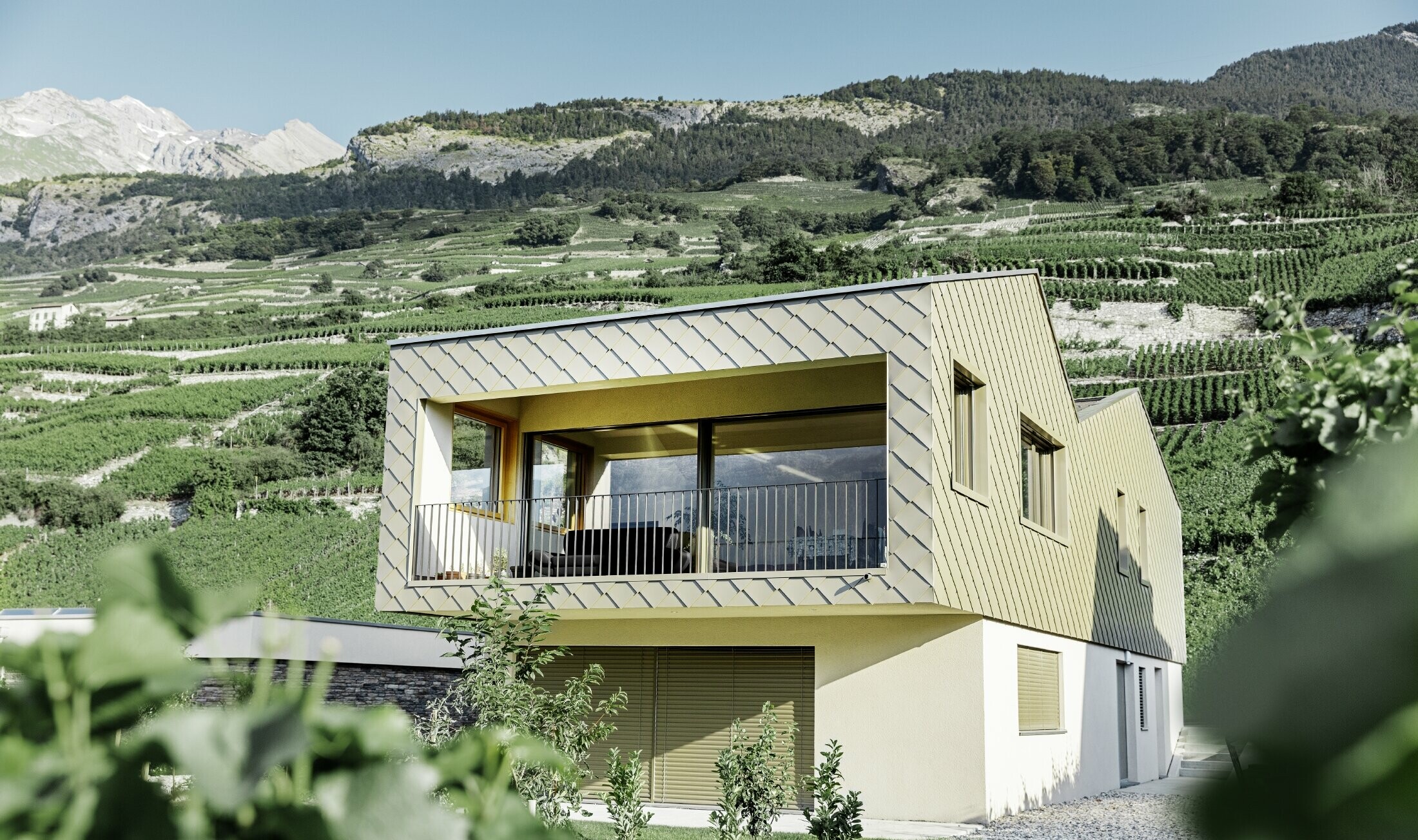 Casa unifamiliare moderna in mezzo ai vigneti della valle Rhône con 4 superfici di copertura differenti e un attico con una facciata in scaglia in bronzo