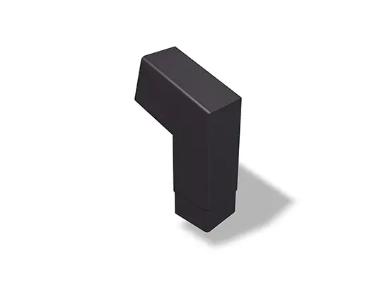 Gomito per pluviale quadro PREFA 72° (corto), disponibile nelle misure 80 e 100 mm, con dimensioni di 196 x 196 mm (visibili). Questo gomito compatto consente un cambio di direzione preciso durante l'installazione di tubi quadri nei sistemi per tetto e facciata.