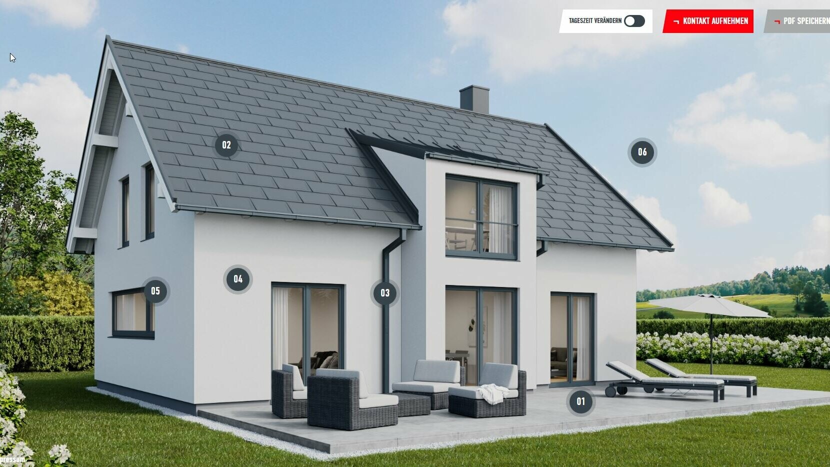 Esempio della configurazione di una casa unifamiliare con tetto a due falde realizzata in un’area rurale con tegole PREFA R.16 in P.10 grigio scuro.