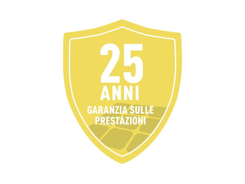 Logo di garanzia giallo per la garanzia sulle prestazioni di 25 anni della tegola fotovoltaica PREFA.