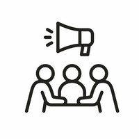 Icona con un megafono raffigurato sopra tre persone sedute a un tavolo.