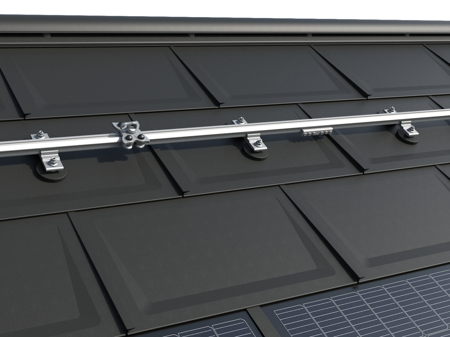 Das Bild zeigt das TAURUS Schienensystem von INNOTECH® auf einem PREFA Dach mit der bewährten Dachplatte R.16. Die Installation umfasst horizontale Führungsschienen und speziell entwickelte Gleiter, die eine sichere Dachbegehung und Wartung von Photovoltaikanlagen ermöglichen. Das System ist für alle PREFA Kleinformate geeignet und bietet eine zuverlässige Lösung für die Montage und Instandhaltung von PV-Anlagen. Von PREFA in Zusammenarbeit mit den Arbeitsschutz-Experten von INNOTECH® entwickelt, ist das Sicherungssystem nach EN 795 Typ A und D zertifiziert und für die Sicherung von zwei Personen ausgelegt. Am unteren Bildrand sind die innovativen PREFA Solardachplatten zu erkennen.