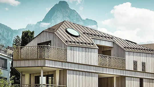 Vista dettagliata di un moderno edificio residenziale a Liebwylen, in Svizzera, con tetto in alluminio PREFALZ di colore marrone e lucernario rotondo.  La facciata in legno e le ringhiere dal design artistico si armonizzano con l'imponente sfondo montuoso.