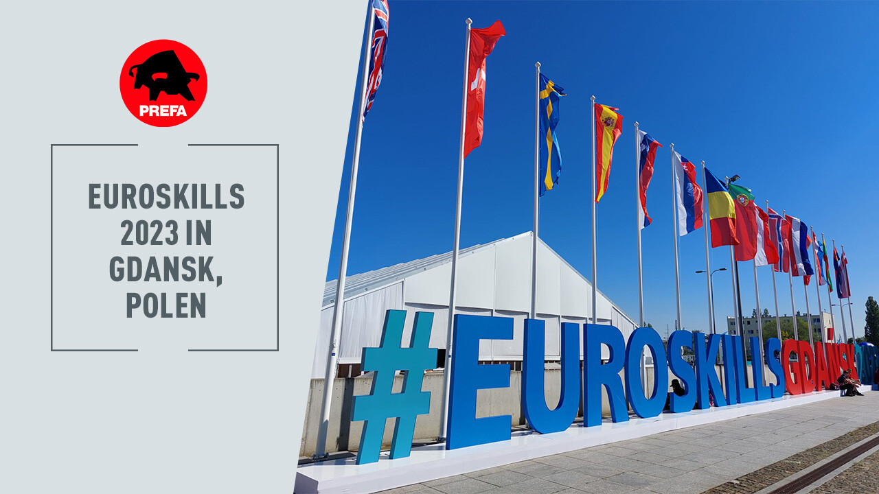 Videothumbnail der EuroSkills 2023 in Gdansk, Polen, wo die Länderflaggen zu sehen sind.