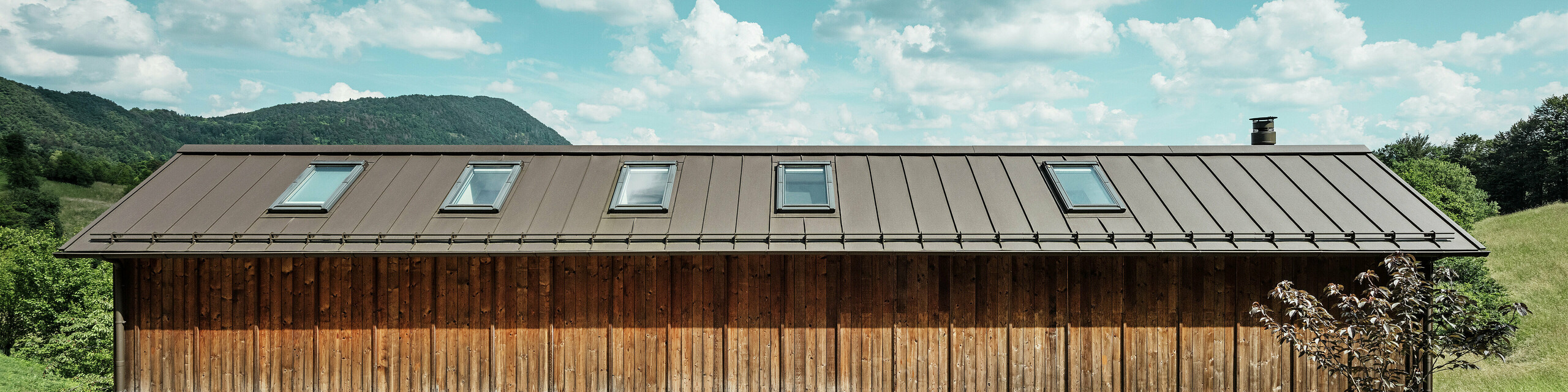Questa moderna casa sul pendio di una collina colpisce per la sua facciata minimalista in legno e per il resistente tetto in alluminio PREFALZ nel colore P.10 marrone. La copertura del tetto ad aggraffatura verticale convince per l'elevata resistenza agli agenti atmosferici e la durata nel tempo, oltre che per l'armoniosa interazione con la natura circostante. I lucernari integrati e le linee chiare sottolineano l'architettura senza tempo. L'immagine mostra l'area d'ingresso della piccola casa indipendente.