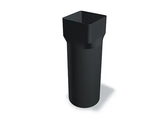 La riduzione per pluviale quadro PREFA 100, disponibile nelle misure 100 Ø 98 mm e 100 Ø 115 mm, consente il collegamento sicuro di tubi quadri nei sistemi di scarico per tetti. Questa riduzione garantisce una tenuta stabile e duratura.