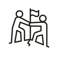 Eine Grafik mit zwei Personen, die sich die Hand reichen. Die linke Person hilft der rechten Person einen Berg zu erklimmen. Auf der Spitze des Berges ist eine Flagge gehisst.