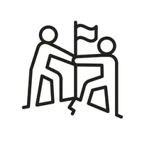 Eine Grafik mit zwei Personen, die sich die Hand reichen. Die linke Person hilft der rechten Person einen Berg zu erklimmen. Auf der Spitze des Berges ist eine Flagge gehisst.