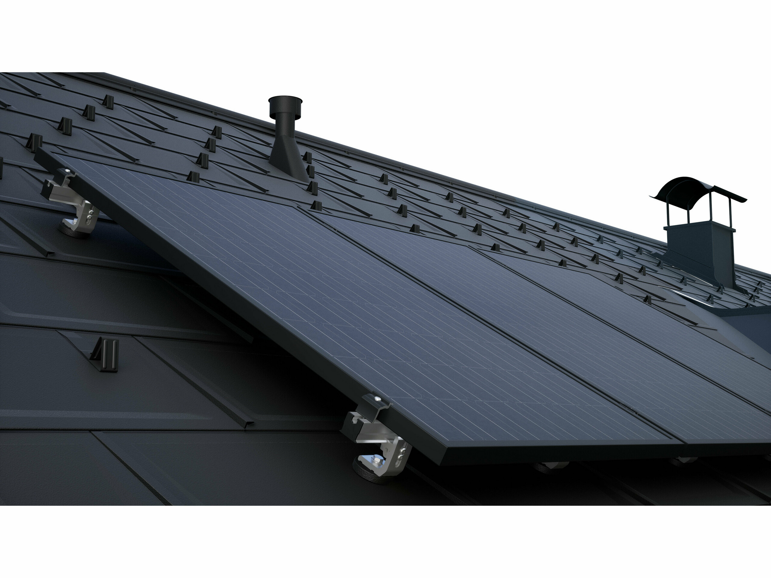 Moduli fotovoltaici montati con il sistema di montaggio per pannelli fotovoltaici PREVARIO su un tetto PREFA scuro con tegole R.16.