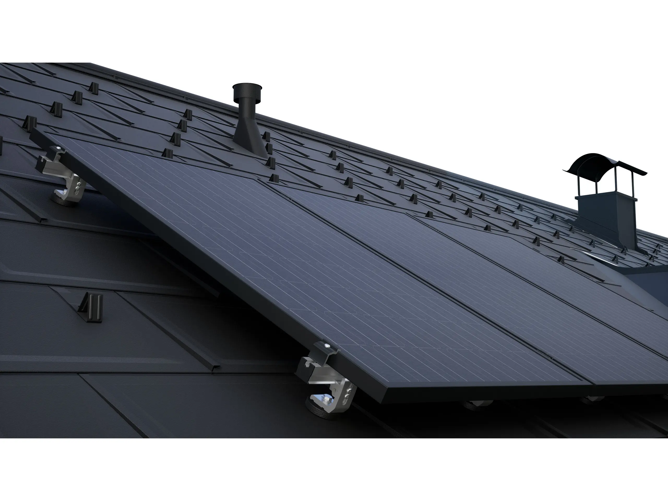Moduli fotovoltaici montati con il sistema di montaggio per pannelli fotovoltaici PREVARIO su un tetto PREFA scuro con tegole R.16.
