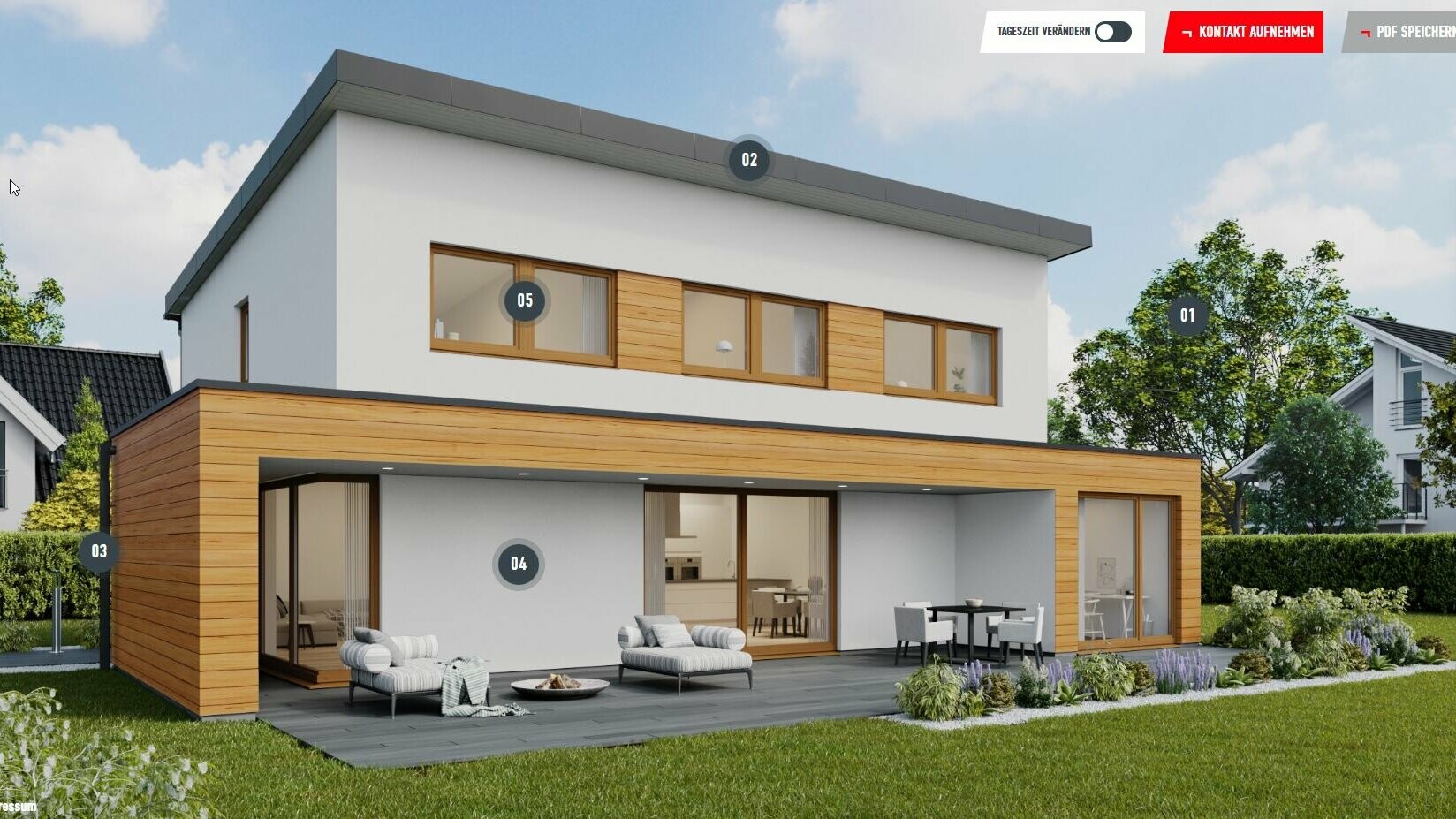 Esempio di configurazione di una casa unifamiliare con tetto a falda unica nel colore P.10 nero con elementi di legno sulla facciata. L’abitazione si trova nell’area di insediamento di un sobborgo.
