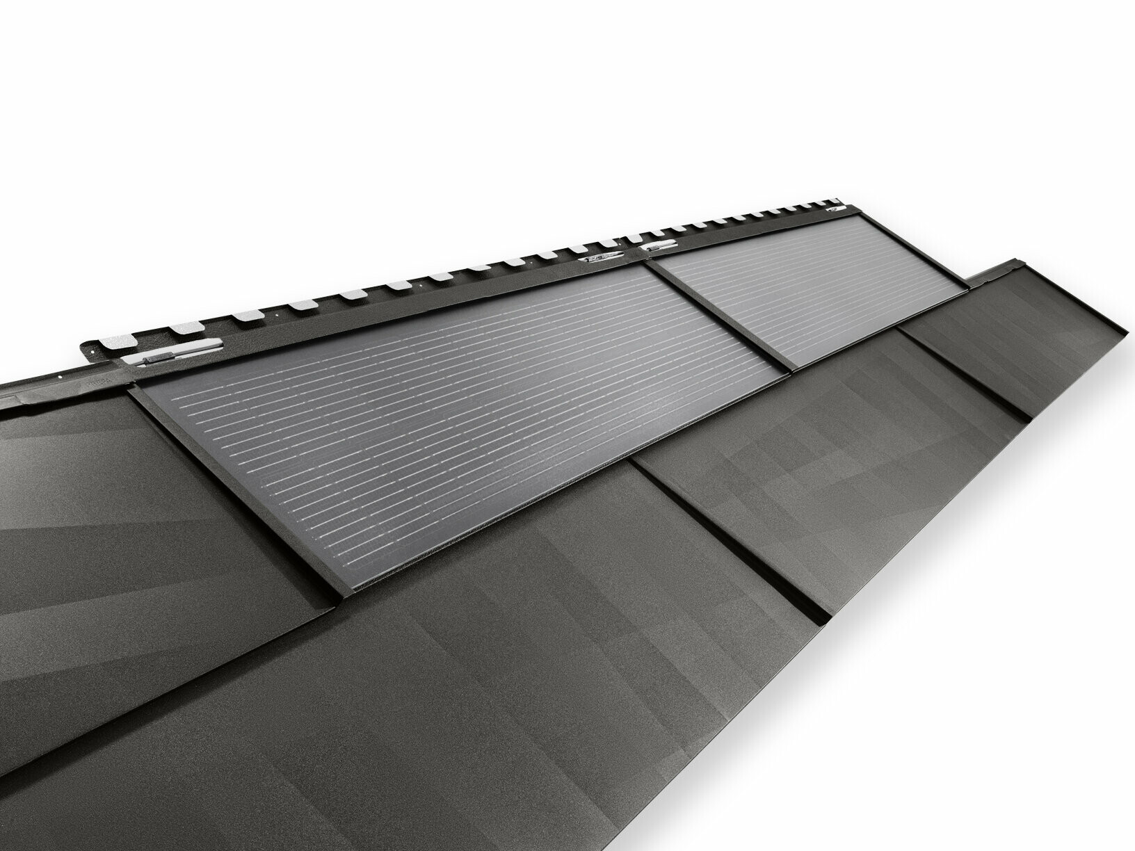 PREFA Solardachplatte groß und PREFA Dachpaneel FX.12 in P.10 Schwarz