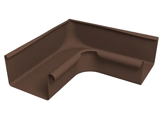 L'immagine mostra un angolo 90° per canali di gronda PREFA marrone per interni in robusto alluminio. Questo accessorio per grondaie di lunga durata consente un collegamento pulito e a tenuta stagna dei canali di gronda agli angoli interni e favorisce uno smaltimento affidabile delle acque piovane. L'angolo interno è disponibile nelle misure 250, 333, 400 e 500.